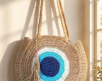 Evil eye straw purse, straw round bag, summer straw bag, paper yarn purse, wicker round bag, gift for her, straw circle bag, holiday bag