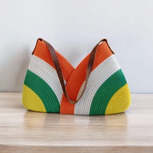 Bolso de cuerda de algodón hecho a mano con asas de cuero, estilo boho-chic, ecológico, duradero, colorido, multiusos, regalo para mujeres