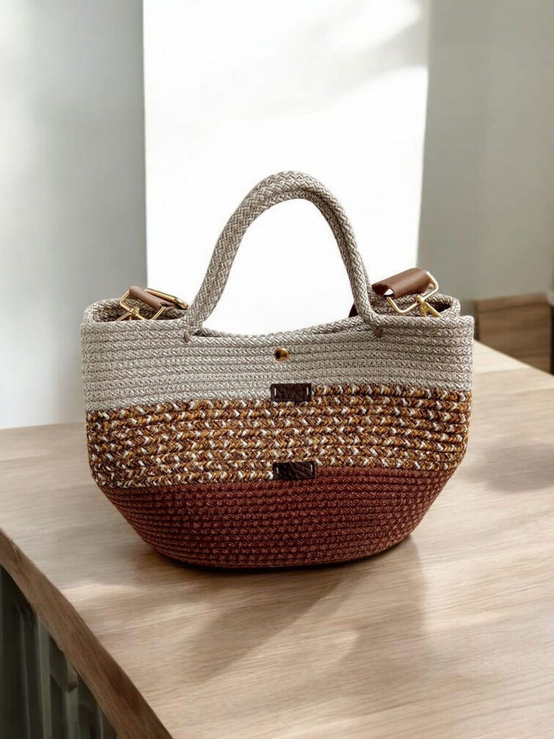 K&ouml;nnte beinhalten: Eine geh&auml;kelte Tragetasche in Braun, Beige und Wei&szlig; mit Ledergriffen. Die Tasche hat einen abgerundeten Boden und eine gro&szlig;e &Ouml;ffnung.