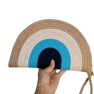 Handmade evil eye clutch bag, boho jute purse, summer beach bag for women, minimalist handmade accessory, gift for her