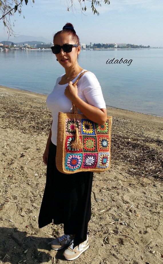 JQWSVE Sac en paille pour femme - Sac de plage tissé doux - Grand sac à bandoulière en rotin