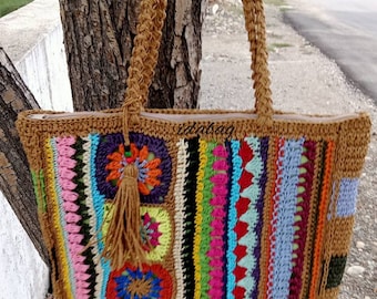 Braune Stroh Handtasche aus Stroh, Granny Square Geldbörse, authentische Stroh Schultertasche, bunte Stroh Handtasche, Tragetasche, Boho Tasche, Geschenk für Sie