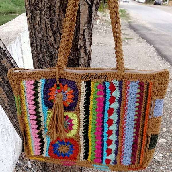 Multicolor Stroh Grannysquare Geldbörse, Stroh Tragetasche, authentische Strohschultertasche, bunte Stroh Geldbörse, Boho-Tasche