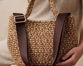 Handgemachte Stroh Look Tasche, leichte Crossbody Tasche mit verstellbarem Riemen, Sommer Schulter Geldbörse, gewebte Boho Tasche für Frauen
