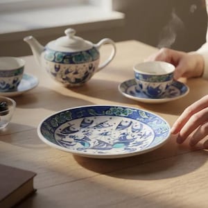 Vintage Kütahya Tile Plate: Ottoman Canyon & Fish, Delft Blue, 7"