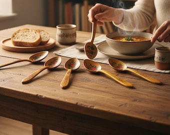 Juego de 7 cucharas otomanas vintage de madera: decoración de cocina pintada a mano