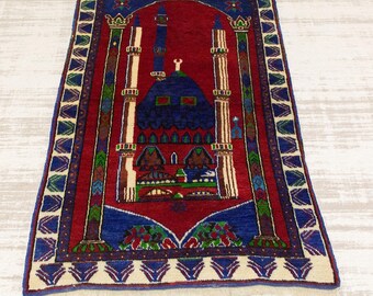 Vintage Wool Prayer Rug: Handmade Turkish Tribal Carpet (3'0x4'7 Ft)