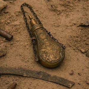 Ottoman Antique style brass gunpowder flask A gunpowder-filling device used in World War I, Vintage gunpowder flask, Home office