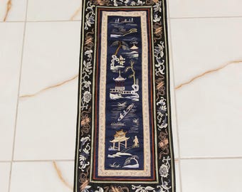 Handmade Chinese Silk Rug: Vintage Blue Decorative Rug (27x65 cm)