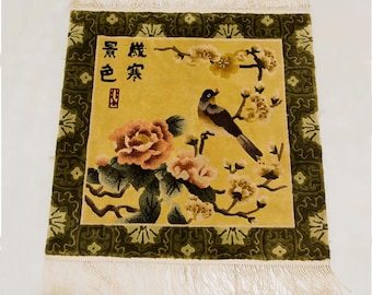 Handmade Silk Bird Rug: Small Chinese Carpet (62x62 cm)