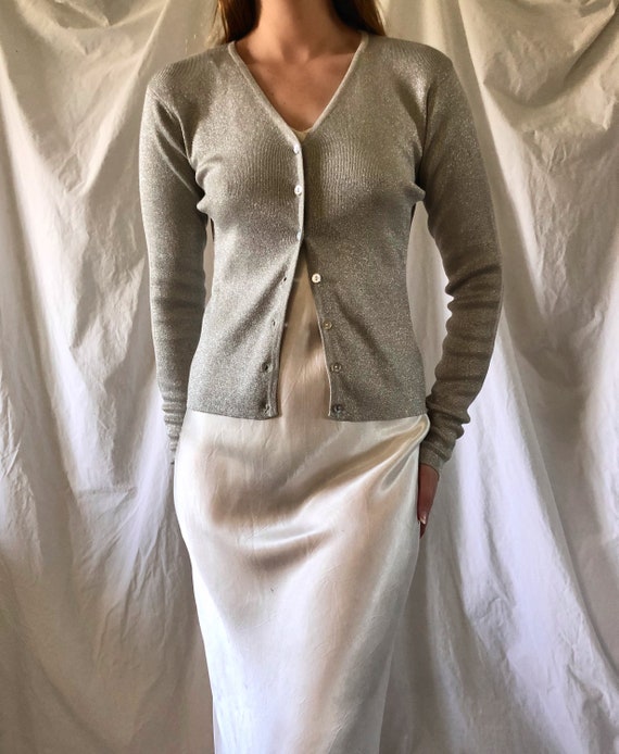 90s Silver Shimmer Micro Rib Cardigan | Small