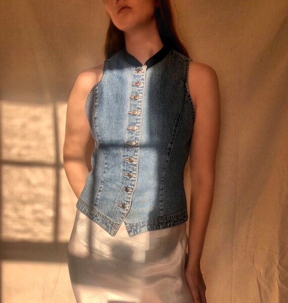 90s Gap Fitted Denim Vest with Velvet Collar | Med