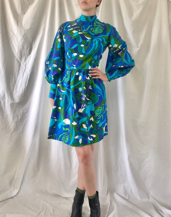 60s Psychedelic Balloon Sleeve Dress | Small