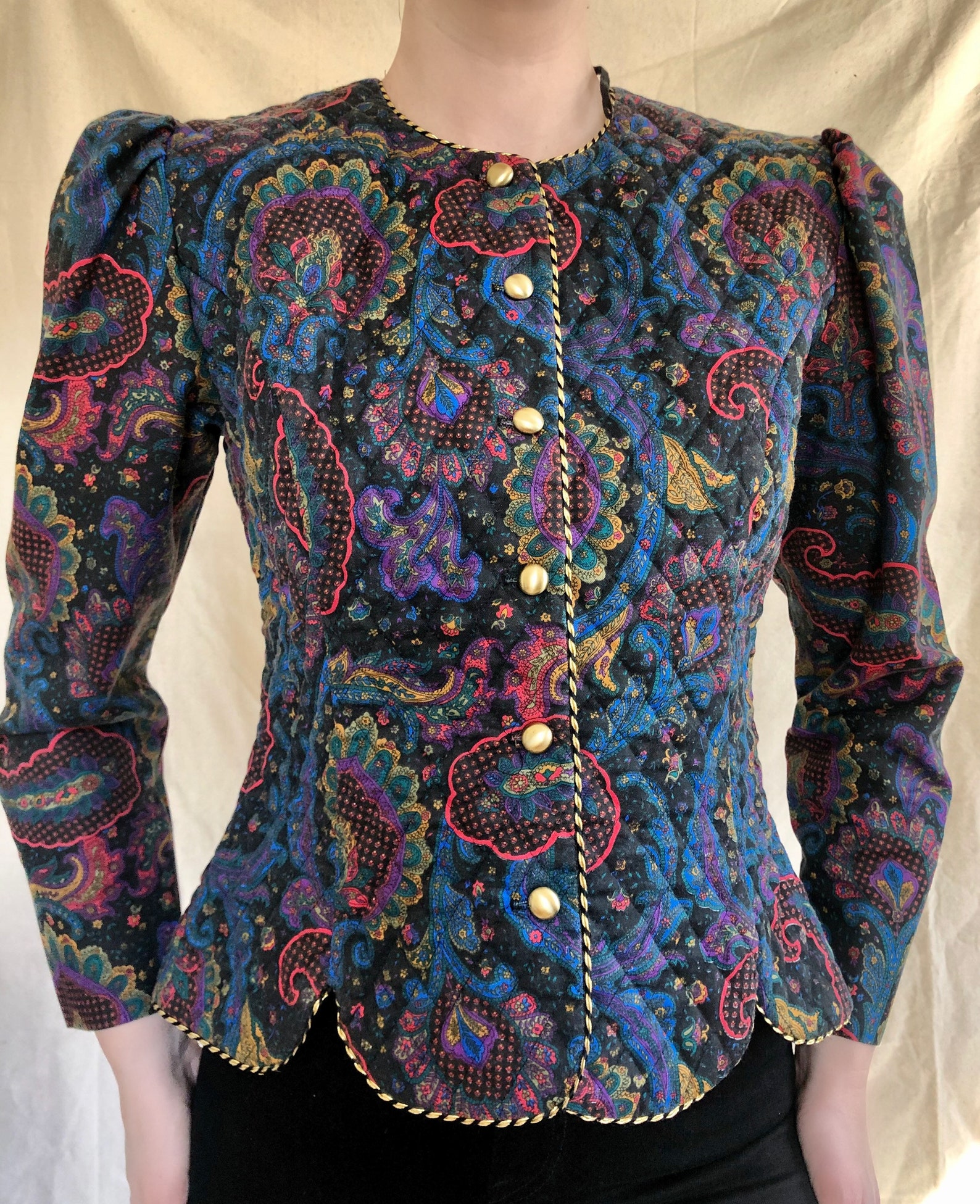 Vintage Paisley Puff Sleeve Quilted Jacket With Gold Buttons Etsy