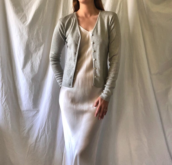 90s Silver Shimmer Micro Rib Cardigan | Small