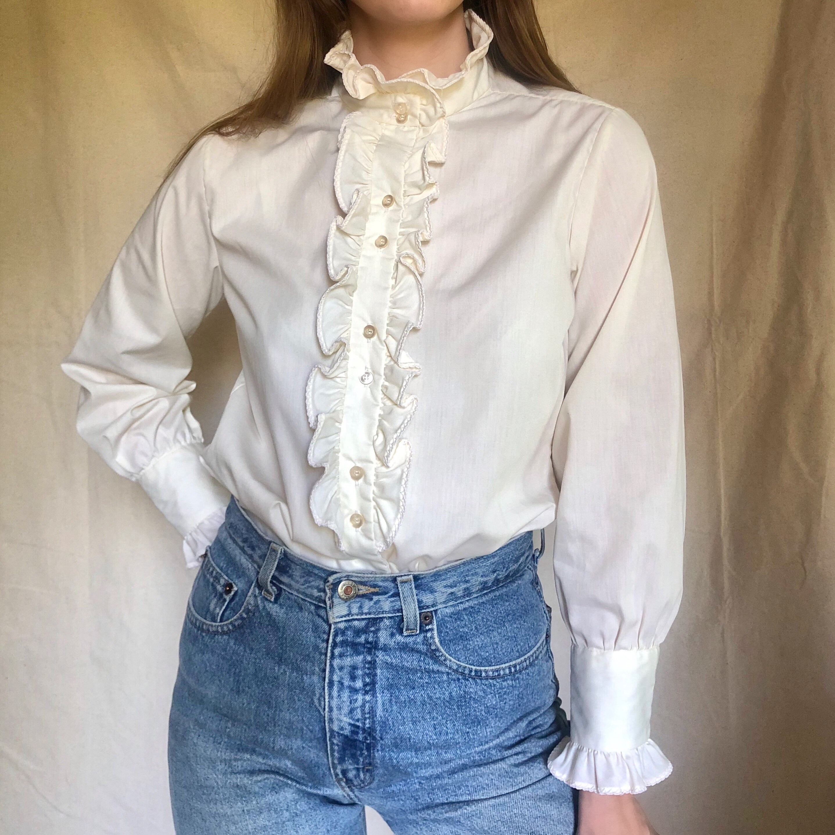 Neck Ruffled Button Down Blouse Medium 