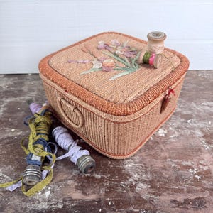 Vintage Chinese Sewing Basket, Red Satin Lined Woven Straw Craft Box, Mid Century Boho Storage Container, 1960s 1970s