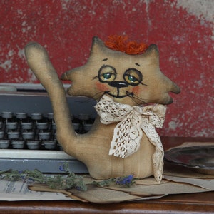 Vintage fabric cat primitive with bow 16 cm artist cat cat handmade