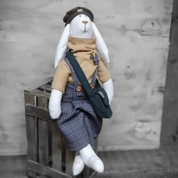 Lapin d'artiste vintage avec sac style Tilda 40 cm