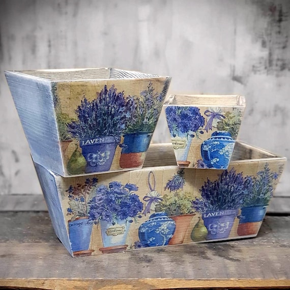 Vintage Blumentopf Holz ver. Größen Übertopf Deko Shabby Retro Blumentöpfe