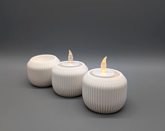 Set of 3 Modern Ribbed LED Tealight Holders | Minimalist 3D Printed Décor