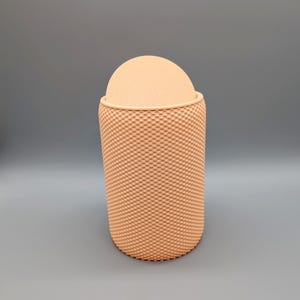 Op de afbeelding: Een perzikkleurige, cilindrische container met een textuur, gestippeld patroon. De bovenkant heeft een afgeronde, koepelvormige deksel van dezelfde kleur. De container is ontworpen met een textuuroppervlak.