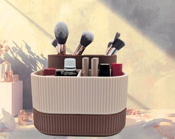 3D Printed Makeup Organizer: Brown & Beige Multi-Layer Desk Storage