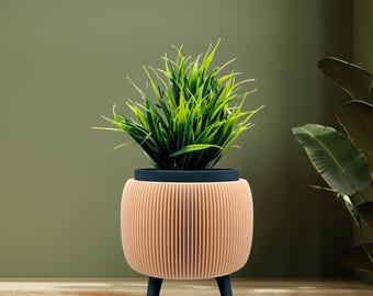 Retro Ribbed Planter with Legs – Mid-Century Modern Plant Pot, Eco PLA