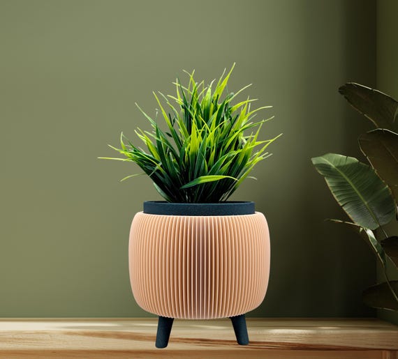 Retro-Pflanzgefäß mit Rippenmuster und Füßen – Pflanztopf im Mid-Century-Modern-Stil, umweltfreundliches PLA
