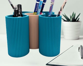 Modern Ribbed Desk Organizer | Multi-Section Pen & Brush Holder | Minimalist Office or Vanity Organizer