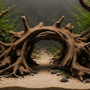 Könnte beinhalten: Ein großes, bogenförmiges Stück braunes Treibholz mit komplexen, knorrigen Wurzeln, die einen natürlichen Tunnel bilden. Das Holz ist über einem hellen Sandpfad platziert, umgeben von dunkelgrauen Steinen und leuchtend grünen Wasserpflanzen.