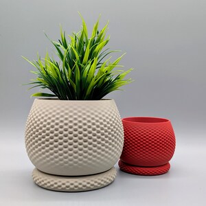 Puede incluir: Dos macetas decorativas. Una es una maceta beige texturizada con una planta verde en su interior. La otra es una maceta roja más pequeña con un patrón texturizado similar. Ambas macetas tienen una base redonda y un patrón de puntos.