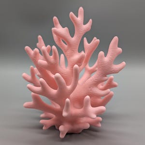 Könnte beinhalten: Eine hellrosa dekorative Skulptur in Form eines verzweigten Korallenriffs. Das Objekt hat eine matte, strukturierte Oberfläche mit zahlreichen, nach oben ragenden, organischen Armen, die von einer zentralen Basis ausgehen und eine dichte Struktur bilden.