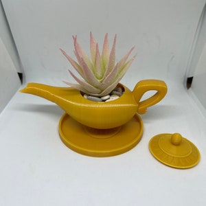 Puede incluir: Un macetero de color dorado en forma de lámpara de genio con una pequeña planta suculenta en su interior. La lámpara tiene una tapa y una base.