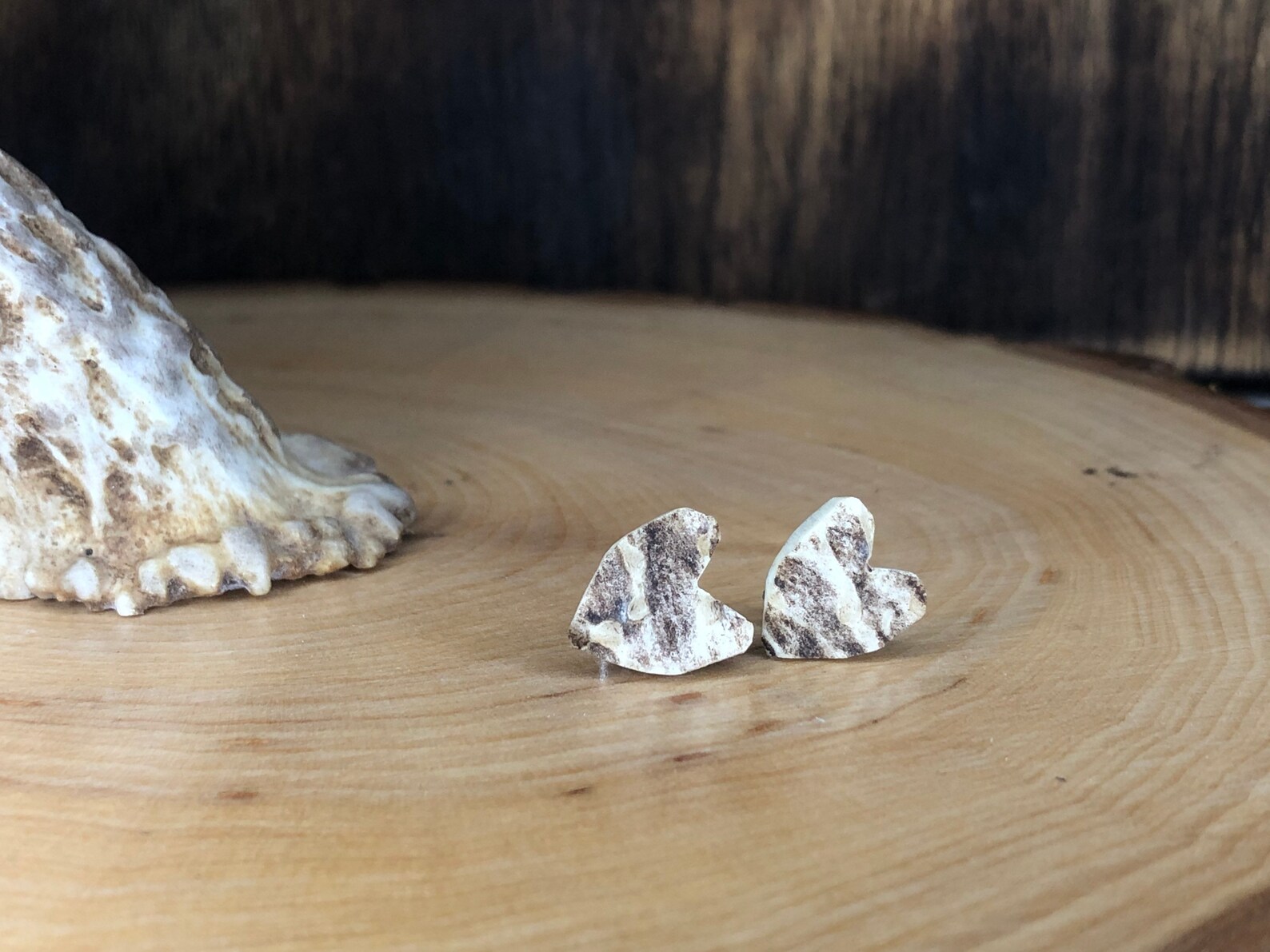 Deer Antler Stud Earrings/ Heart or Circle Shaped, Real Antler Jewelry