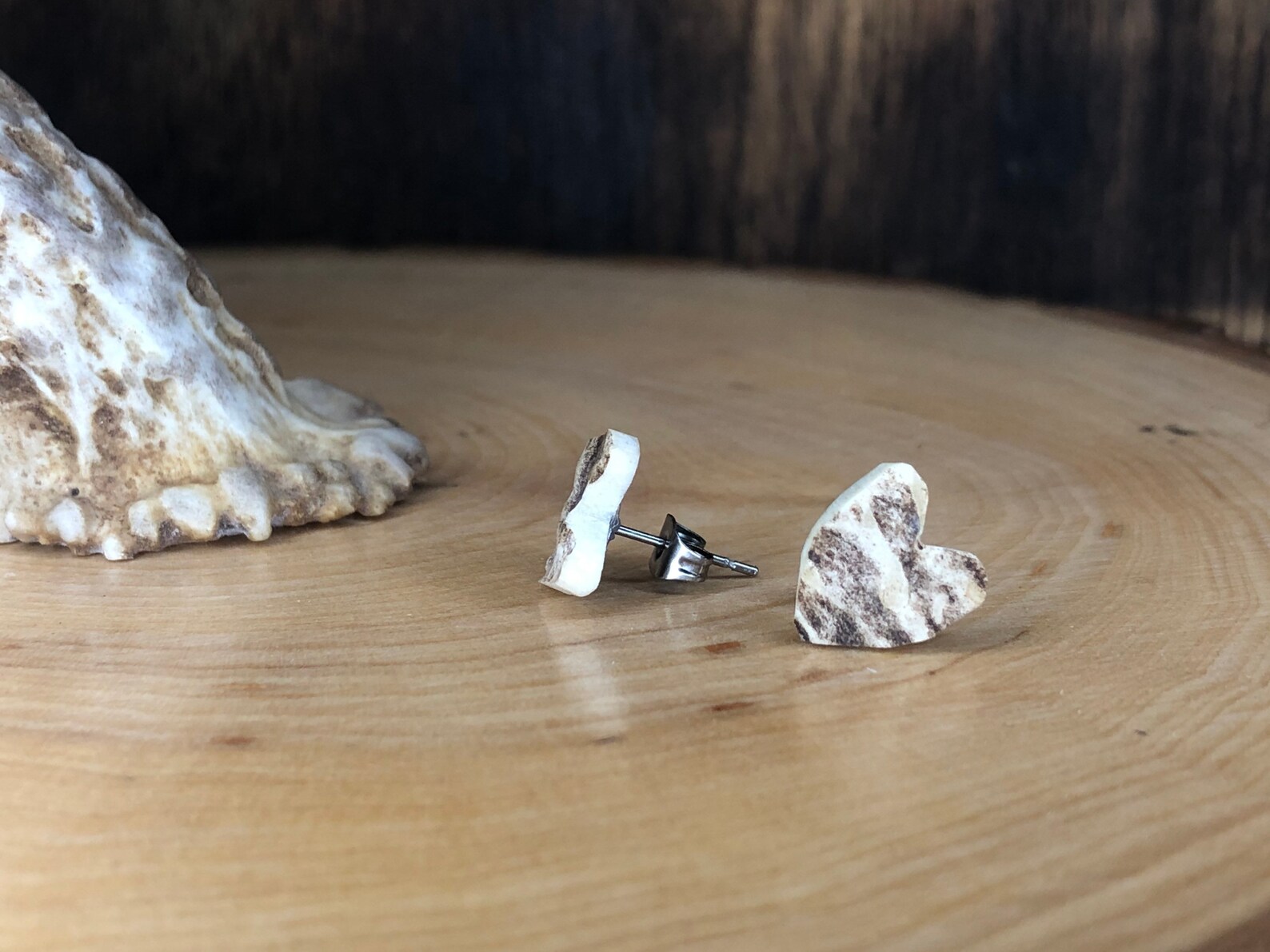 Deer Antler Stud Earrings/ Heart or Circle Shaped, Real Antler Jewelry