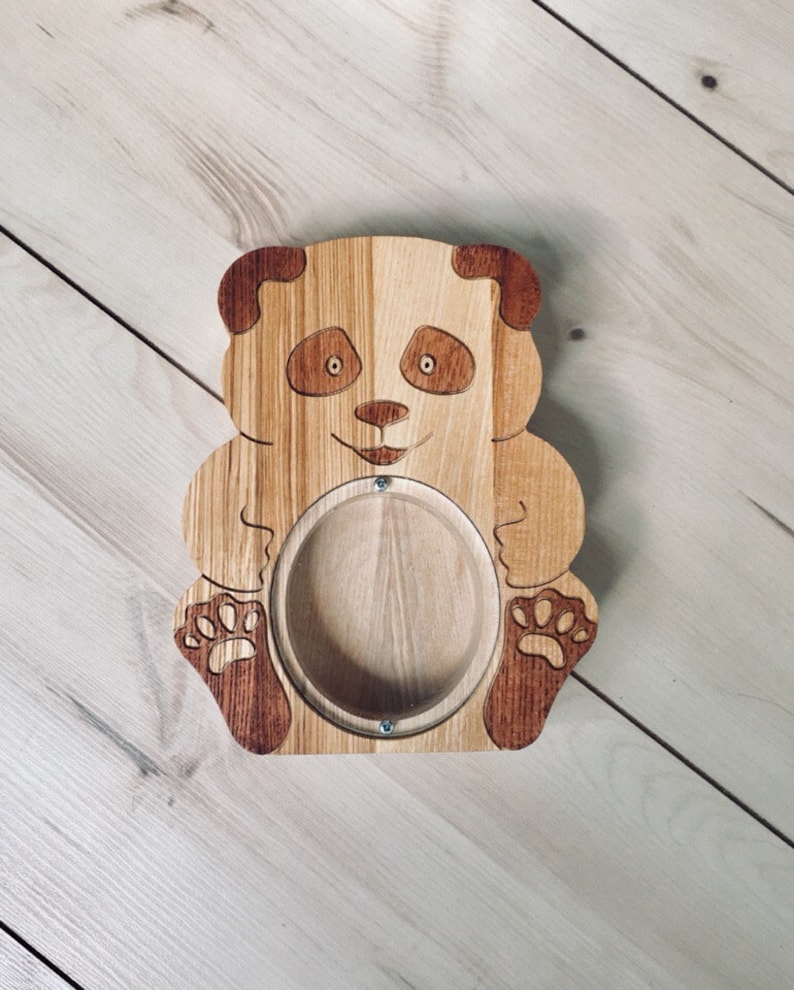 Personalizable wooden teddy bank panda bear for kids Big baby bank Money coin box toys gift