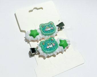 Decoden Frosted Hair Clip Set- Green Bear