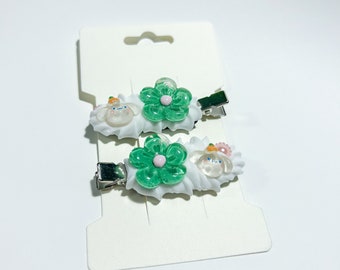 Decoden Frosted Hair Clip Set- Green Flower