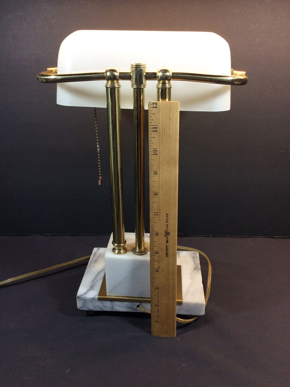 Vintage Bankers Desk Lamp White Glass Shade Marble Base Brass Etsy
