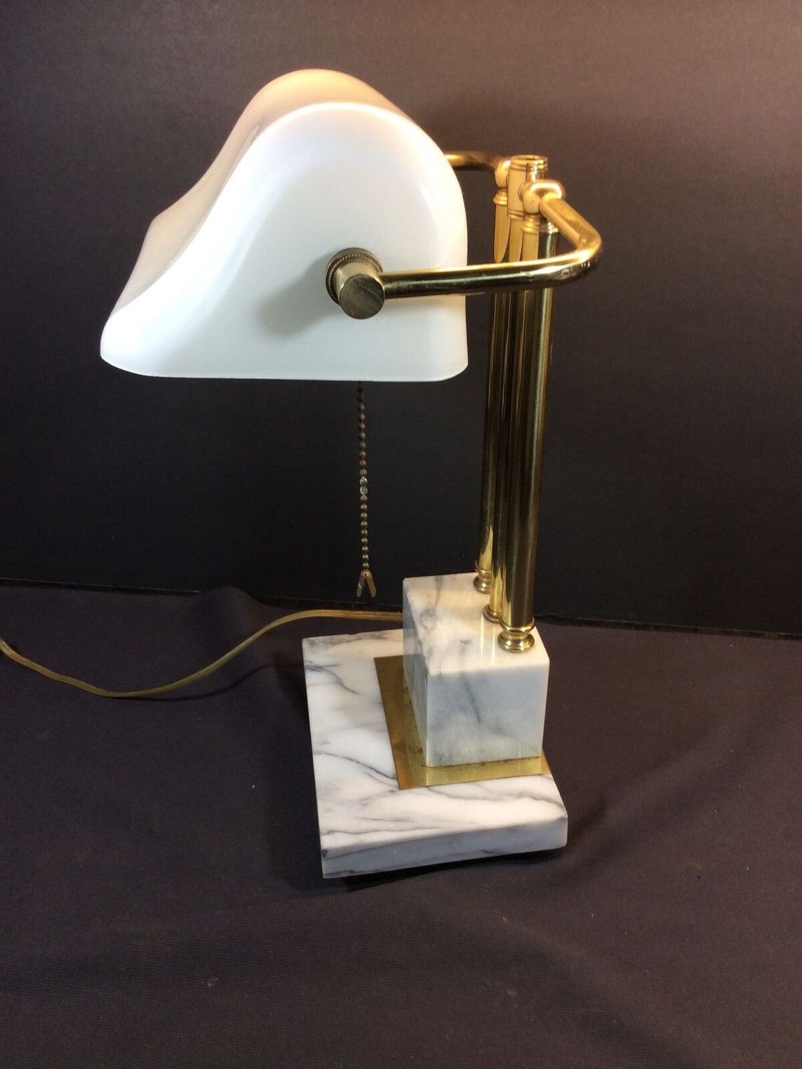 Vintage Bankers Desk Lamp White Glass Shade Marble Base Brass Etsy
