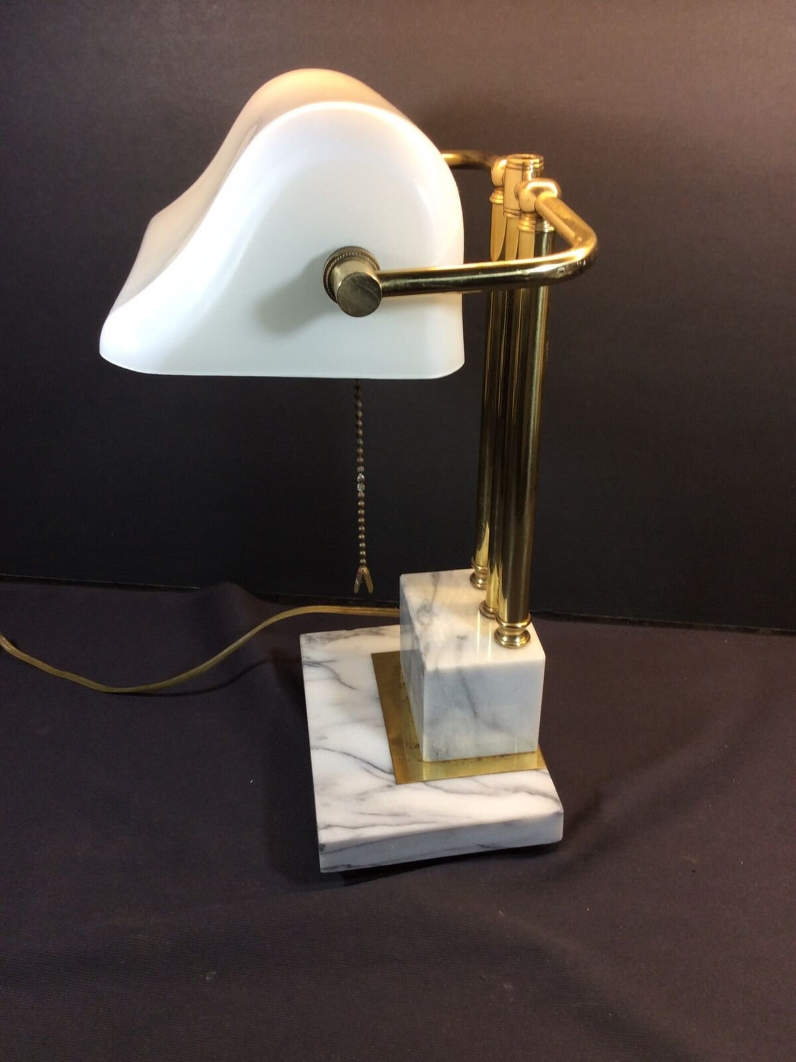 Vintage Bankers Desk Lamp White Glass Shade Marble Base Brass Etsy