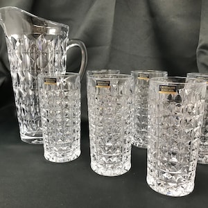 Pitcher set of 1 + 6 Water Juice Cocktail Crystal Glass 34oz / 8oz Bohemia Crystal, Highball Glasses, Czech Glass, Wedding gift