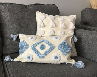 Embroidery Pillow Covers set of 2 ,Cotton Cushion Cover, 20 "x 12 " / 18"x 18" Pillow Cases ,Ivory & Blue Color, Home Decor ,Sofa Bed Decor