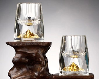 Shot Glasses set of 2, Vodka Sake Liqueur Crystal Glass Set, Mini 15ml / 0,5 oz Whiskey Glasses , Gold Foil ,Gifts for men