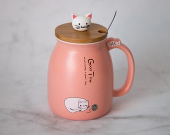 Ceramic Coffee Tea Mug, Pink Ceramic Cup, Coffee Cup with Lead and Spoon, Cats Print Mug, 13oz/400ml