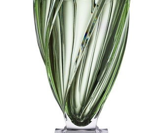 Footed Vase 13 " ,Crystal Glass Flower Vase ,Home Decor, Centerpiece Green Bud vase, Czech Bohemia Crystal Glass, Gift