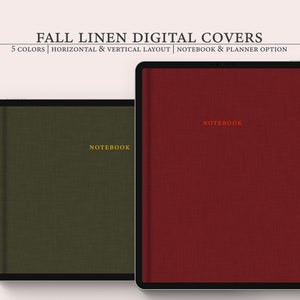 Peut inclure: Deux couvertures de carnet numérique avec une texture en lin. La couverture de gauche est de couleur vert foncé et la couverture de droite est de couleur rouge foncé. Les deux couvertures portent l'inscription "NOTEBOOK" en lettres dorées.