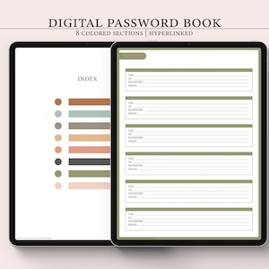 May include: Digital password book with 8 colored sections and hyperlinks. The index section shows 8 color swatches. The password section has fields for URL, ID, password, and email.