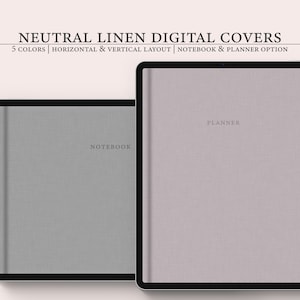 以下が含まれることがあります： 黒いフレームとリネン素材のカバーが付いたデジタルタブレットのモックアップが2つ。左側のタブレットのカバーには「NOTEBOOK」と書いてあります。右側のタブレットのカバーには「PLANNER」と書いてあります。